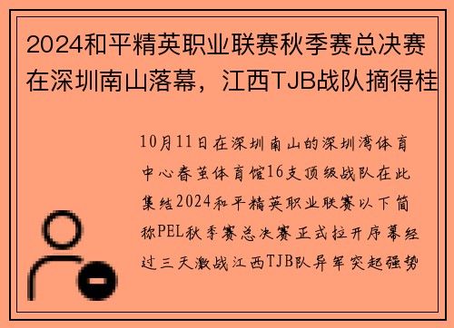 2024和平精英职业联赛秋季赛总决赛在深圳南山落幕，江西TJB战队摘得桂冠