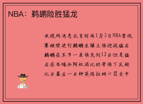 NBA：鹈鹕险胜猛龙