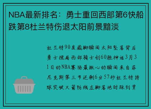 NBA最新排名：勇士重回西部第6快船跌第8杜兰特伤退太阳前景黯淡
